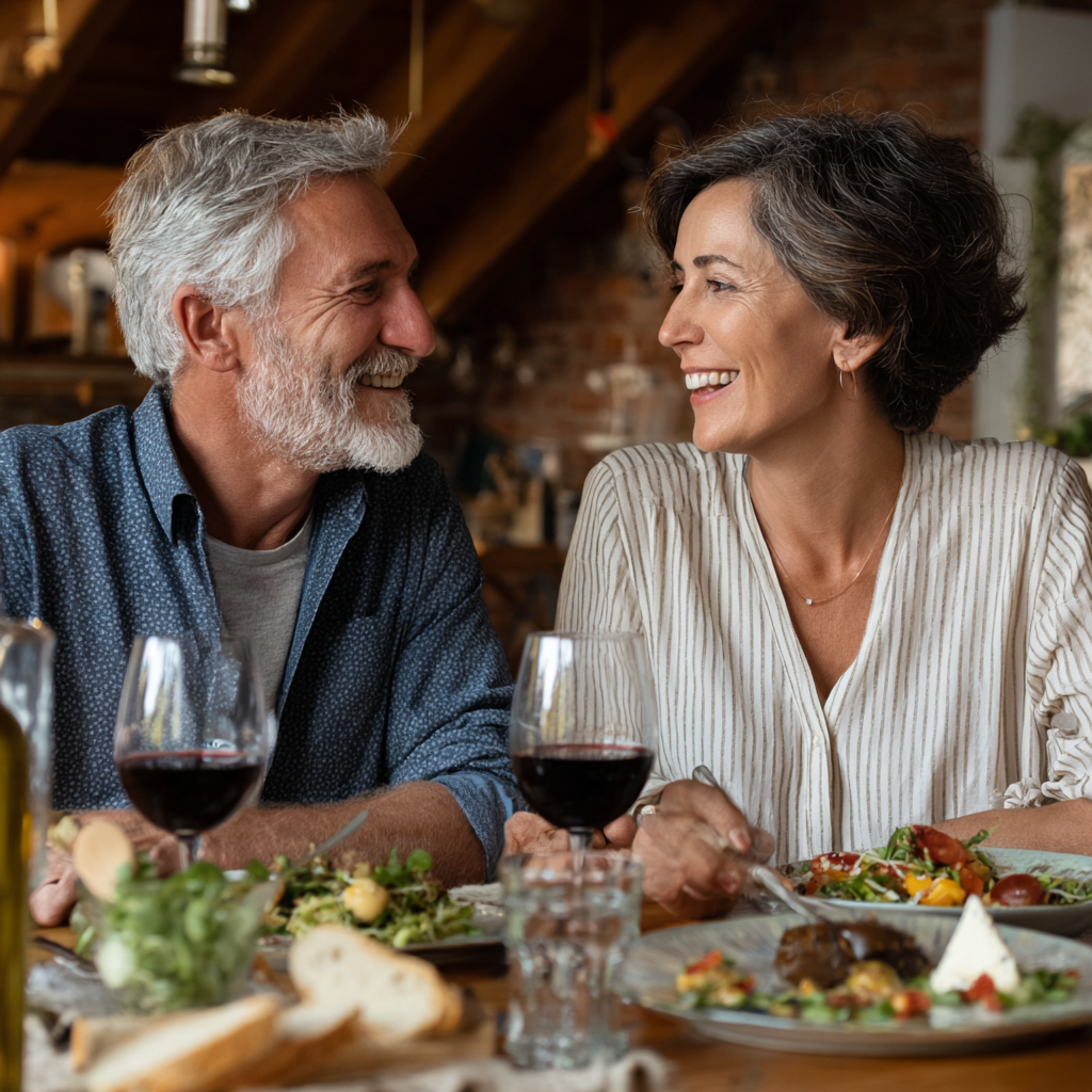 mature adults enjoying healthy Mediterranean-style dinner together at home